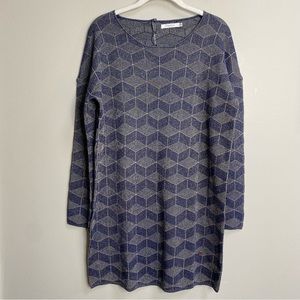 FRNCH Navy Blue & Gold Lurex Geometric Chevron Knit Long Sleeve Dress Size Small